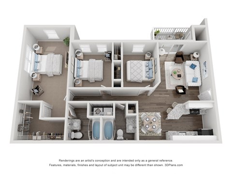 Floor plan for 3 beds, 2 baths, 1386 sqft